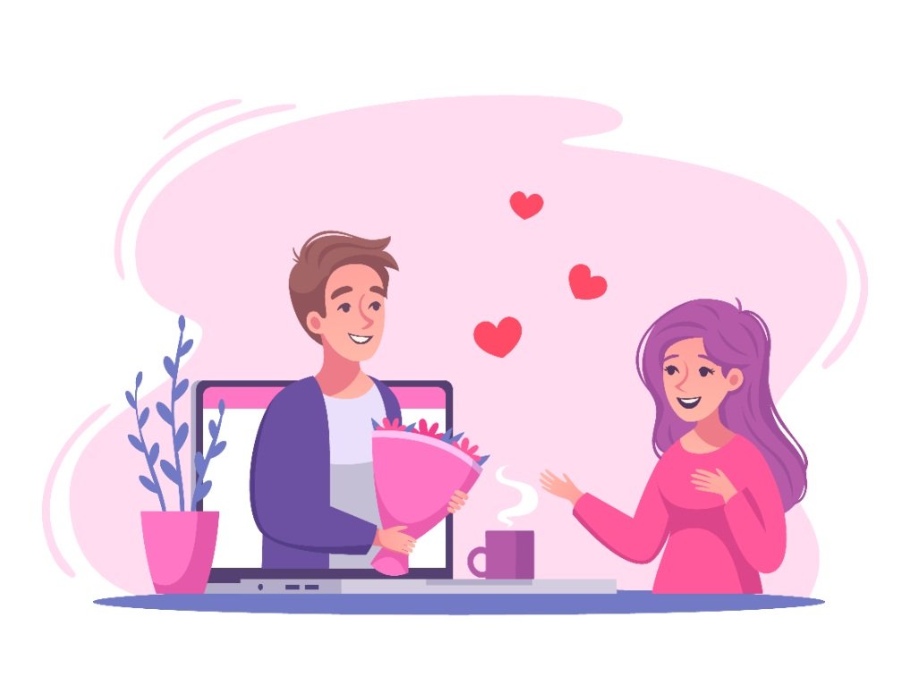 A boy holds a flower to give to a girl, and they met on a dating site.