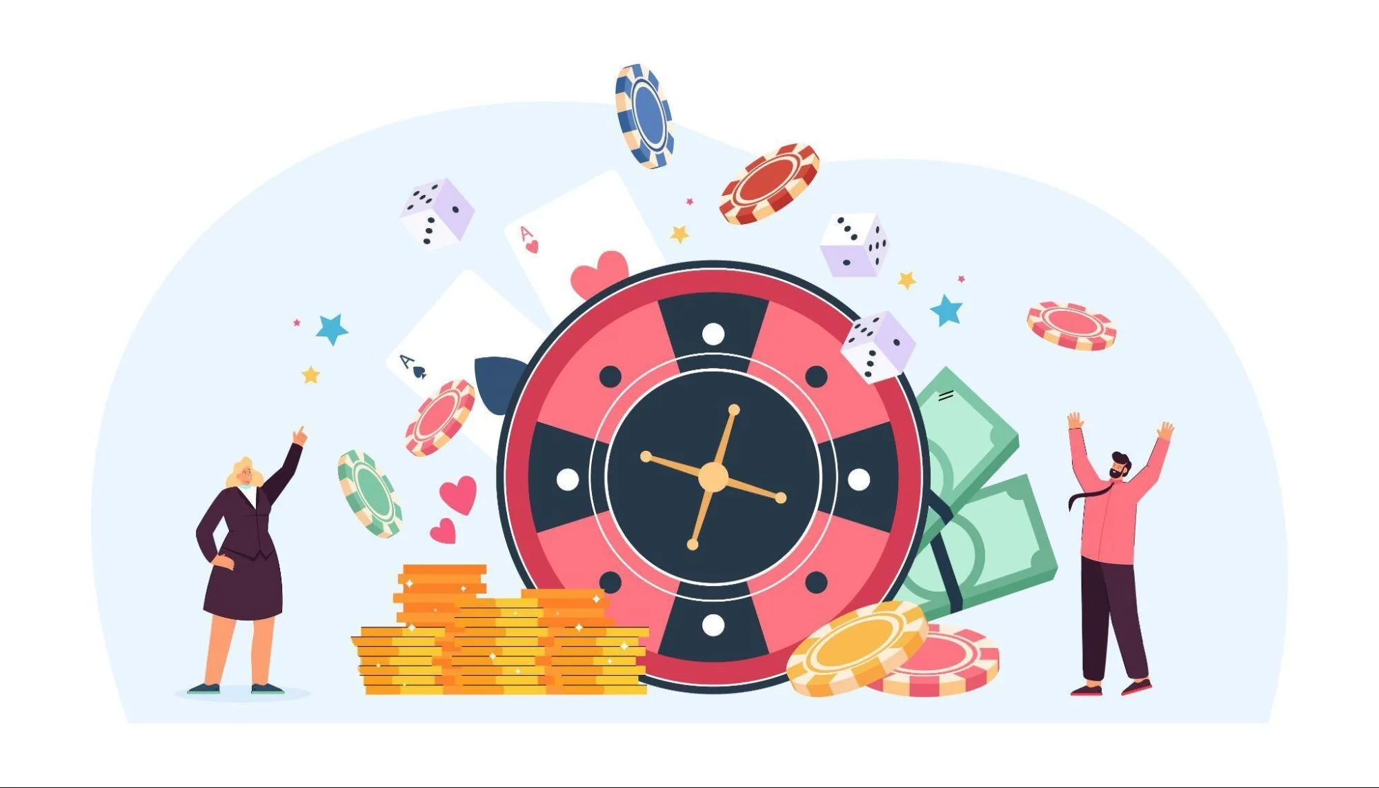 Gambling merchant account illustration with roulette wheel, casino chips, dice, cards, and cash